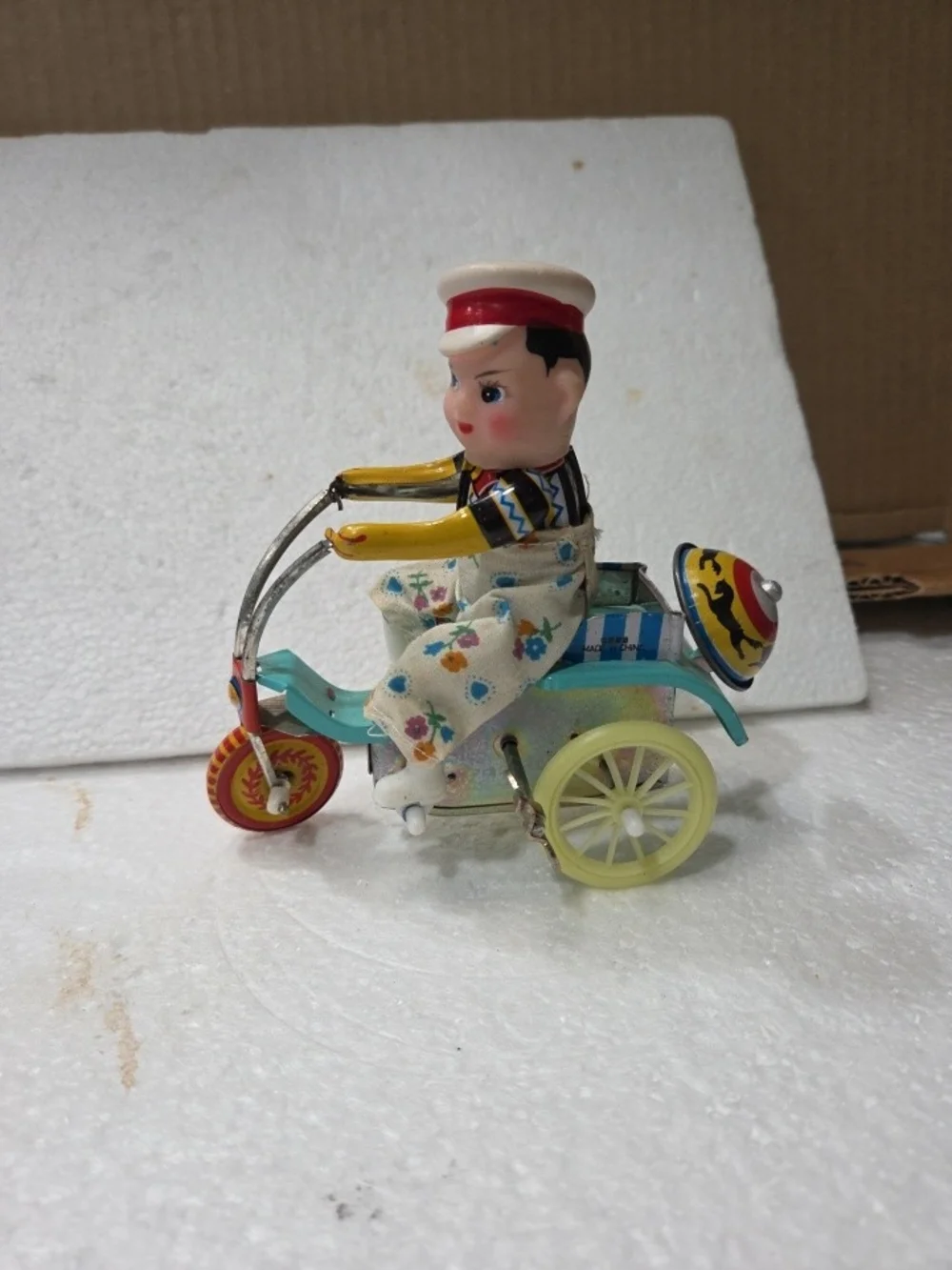 Vintage- 1970s Tin Wind-up Tricycle Toy with Blue Accents Works Perfectly